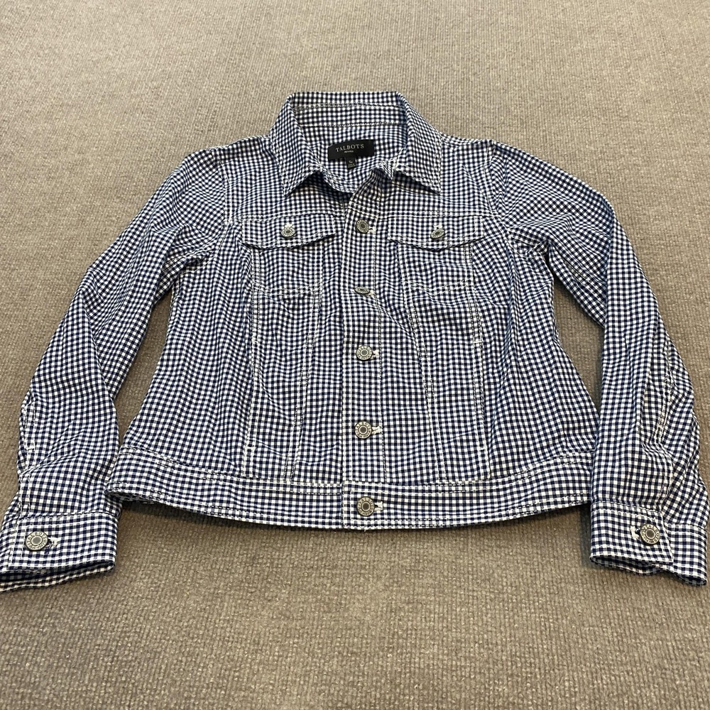 Talbots Jacket Womens Petite Small Blue Gingham Check Snap Front Twill Top
